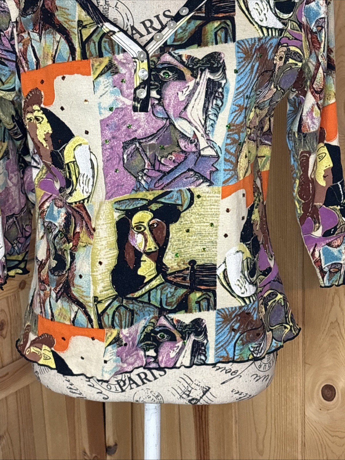 Vintage 90s Zashi Beaded Picasso Abstract Art Top Funky Art Wear Medium