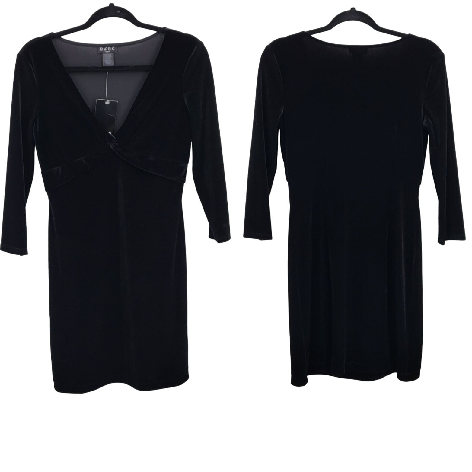 Vintage 80’s BCBG Paris Dress M Black Velour Knotted V-neck Stretch Mini Skater