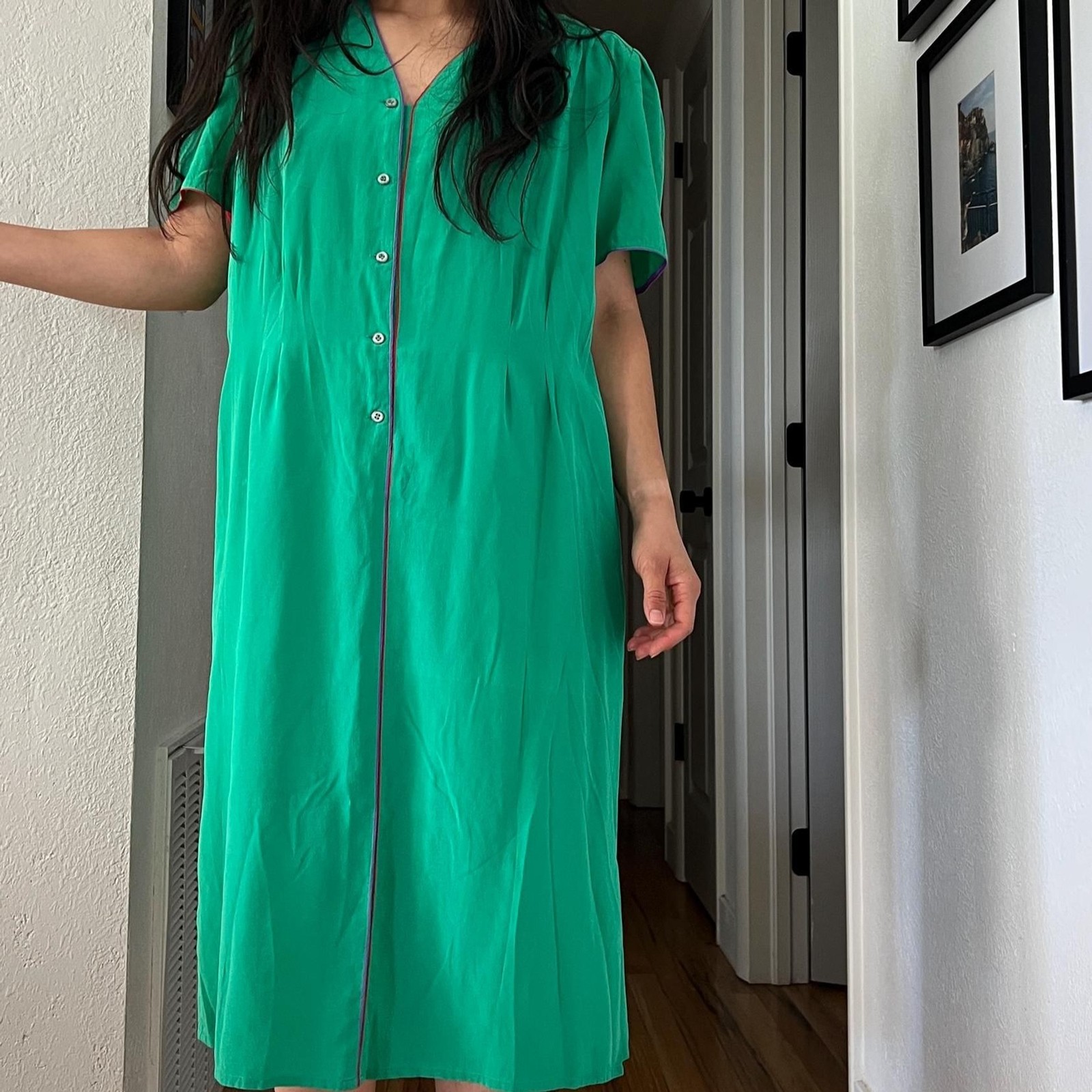 vtg bright green silk midi shift dress size 16 purple red plus work business