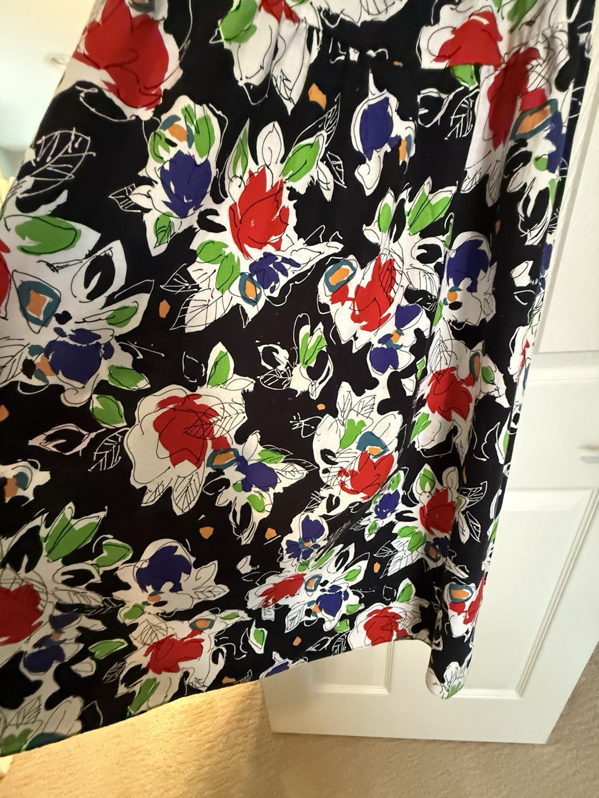 VTG 80s Strapless Belted Drop Waist Floral Dress Black Red White Bold Spring 10