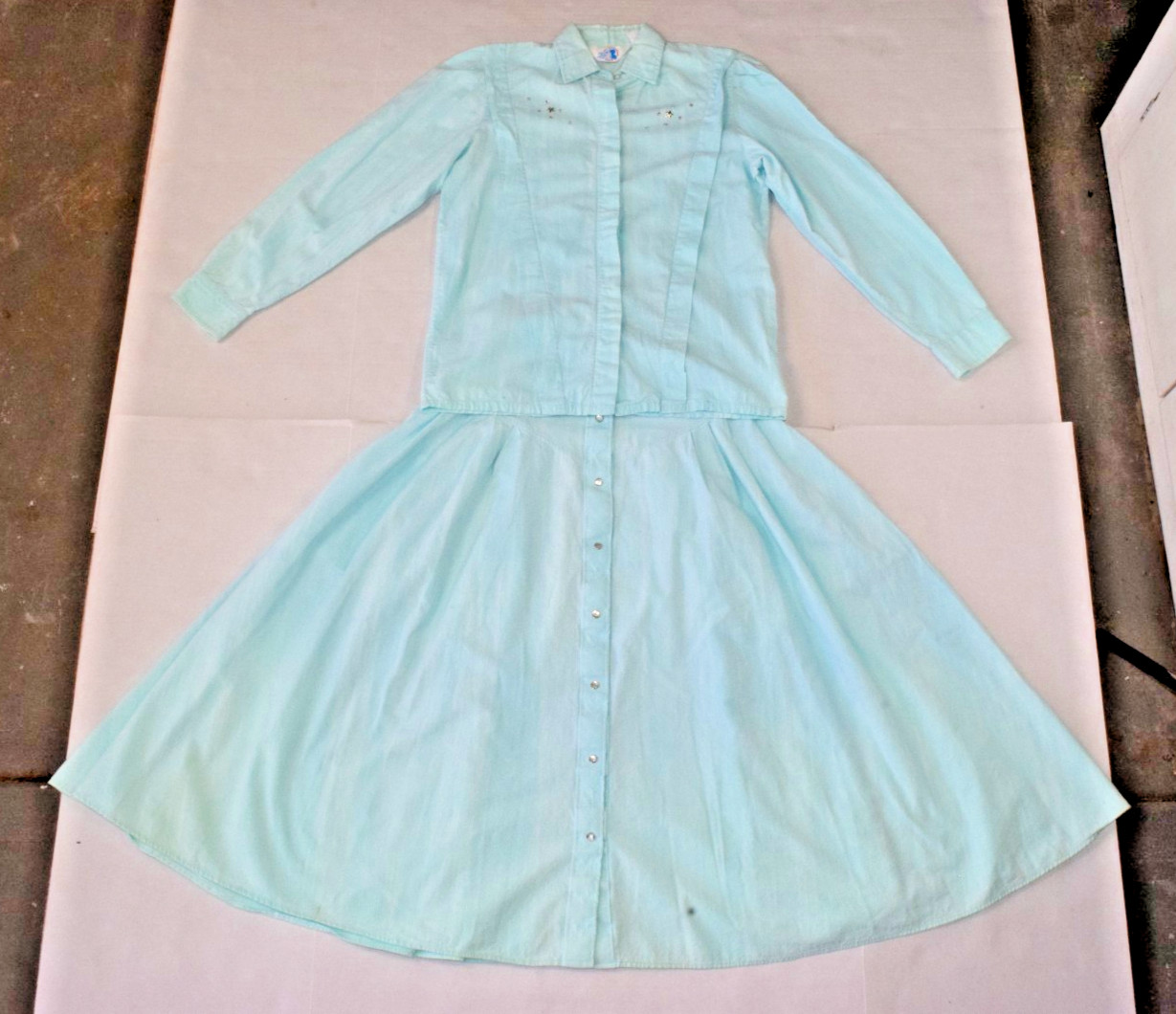 Vintage Western Shirt Skirt Set Miss Rodeo America Sz 7/8 80s Mint Blue Made USA