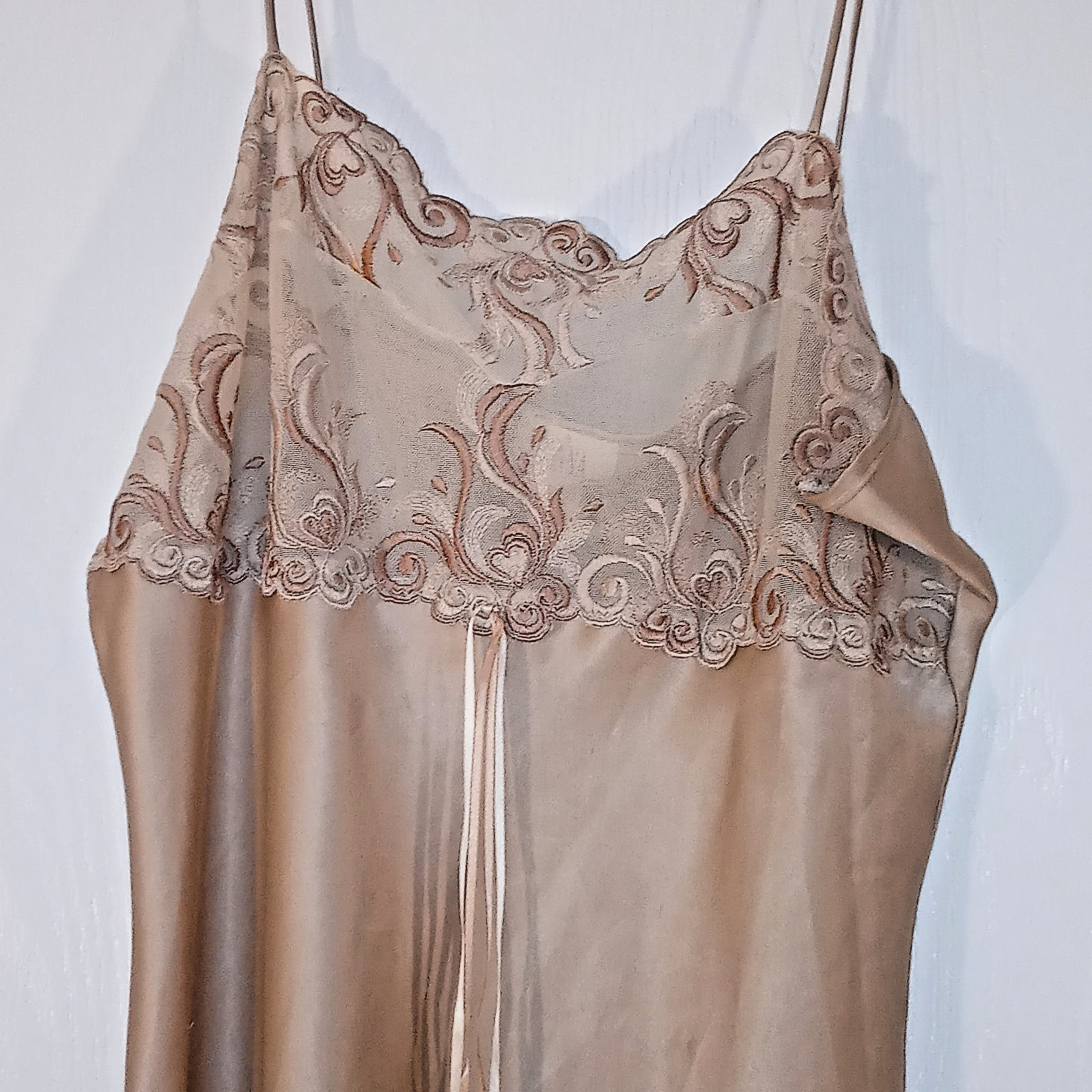 Satin Lace M/L Bodice Slip Dress Nightgown Lingerie Spaghetti Straps Vintage