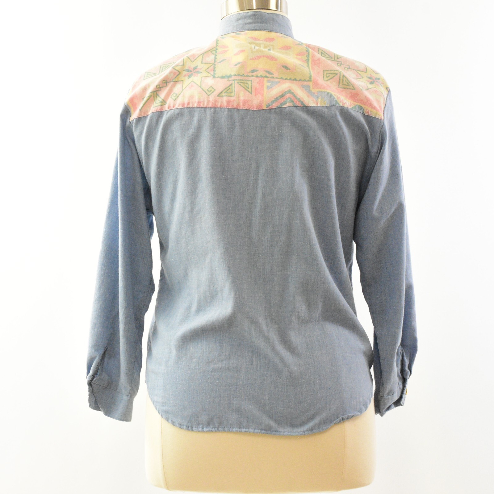 80s Vintage Southwest Print Shirt Womens XL L Denim Western Top Band Collar Boho