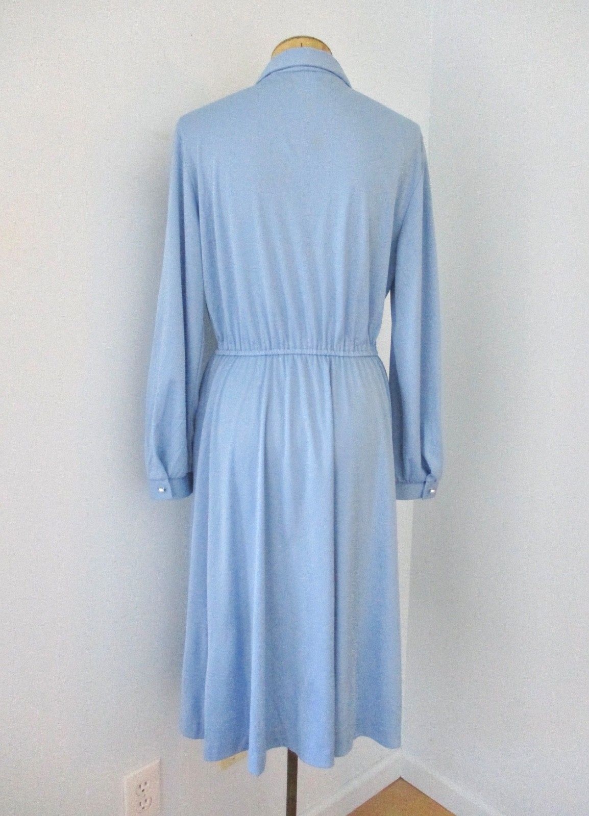 Vtg 70s Sears Cornflower Blue Poly Knit Disco Secretary Dress Hand Pockets 16