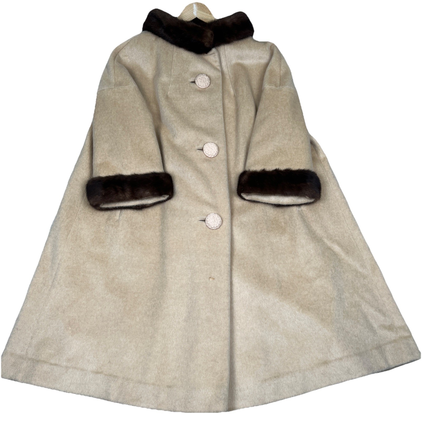 Vintage 50s SABELARI Taupe Camel Hair Tan MINK FUR Wedding Ring Collar Coat