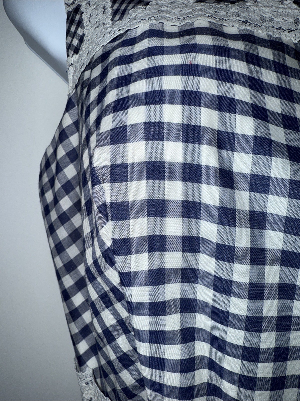 70s VTG Maxi Dress Blue White Gingham Lace Tiered Prairie CottageCore Unique