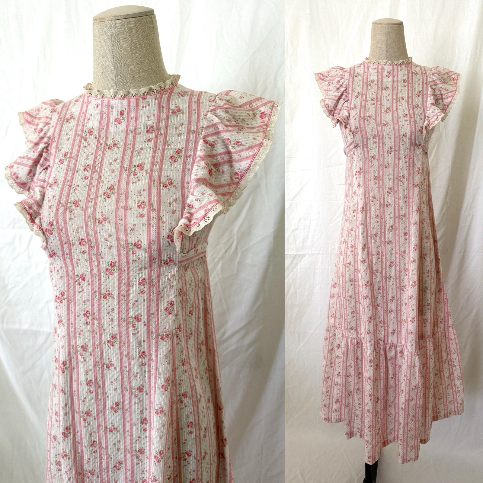 Vintage Handmade 1970s Pink Floral Ruffle Prairie Cottagecore Maxi Floral Dress