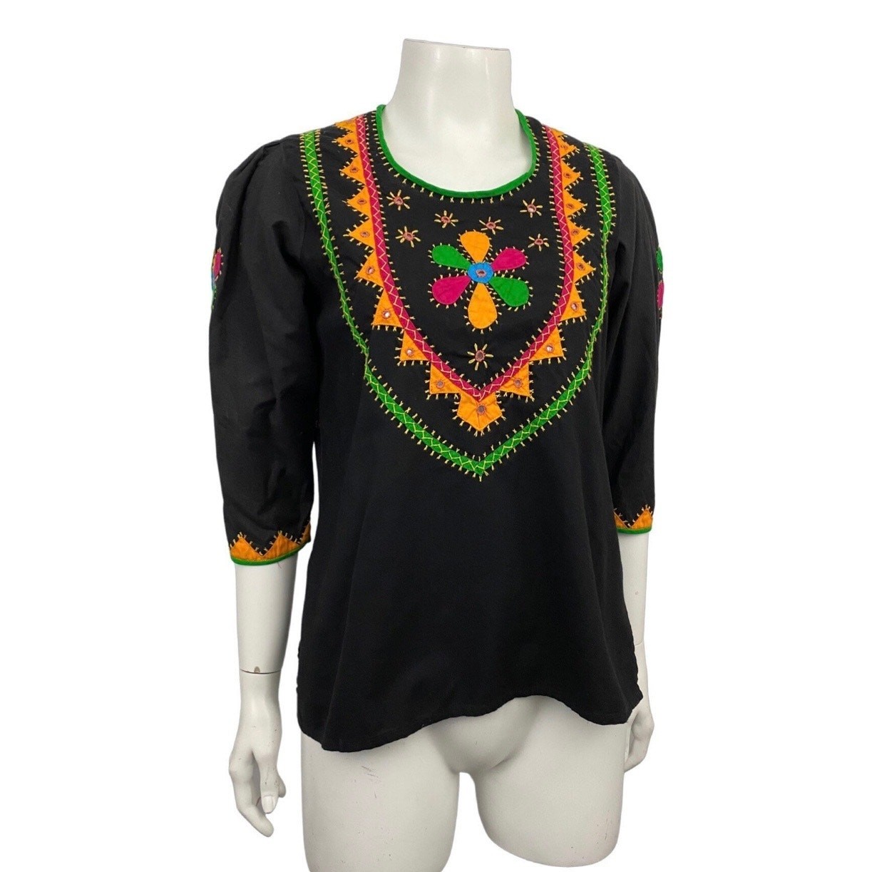 Vintage Boho Embroidered Folk Blouse Black Festival Hippie Top Tunic / Small ^