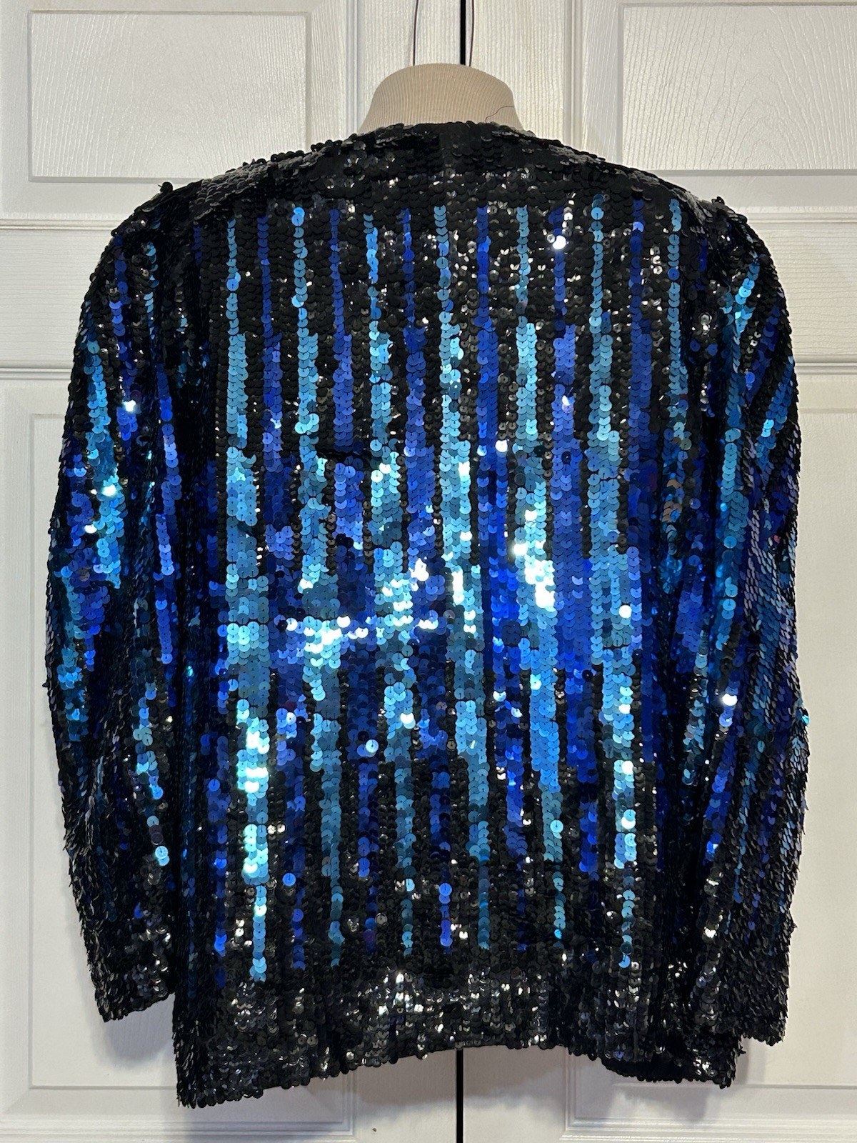 Vtg Multicolor Blue Sequin Open Jacket Shiny Disco Glam Rock Statement Formal