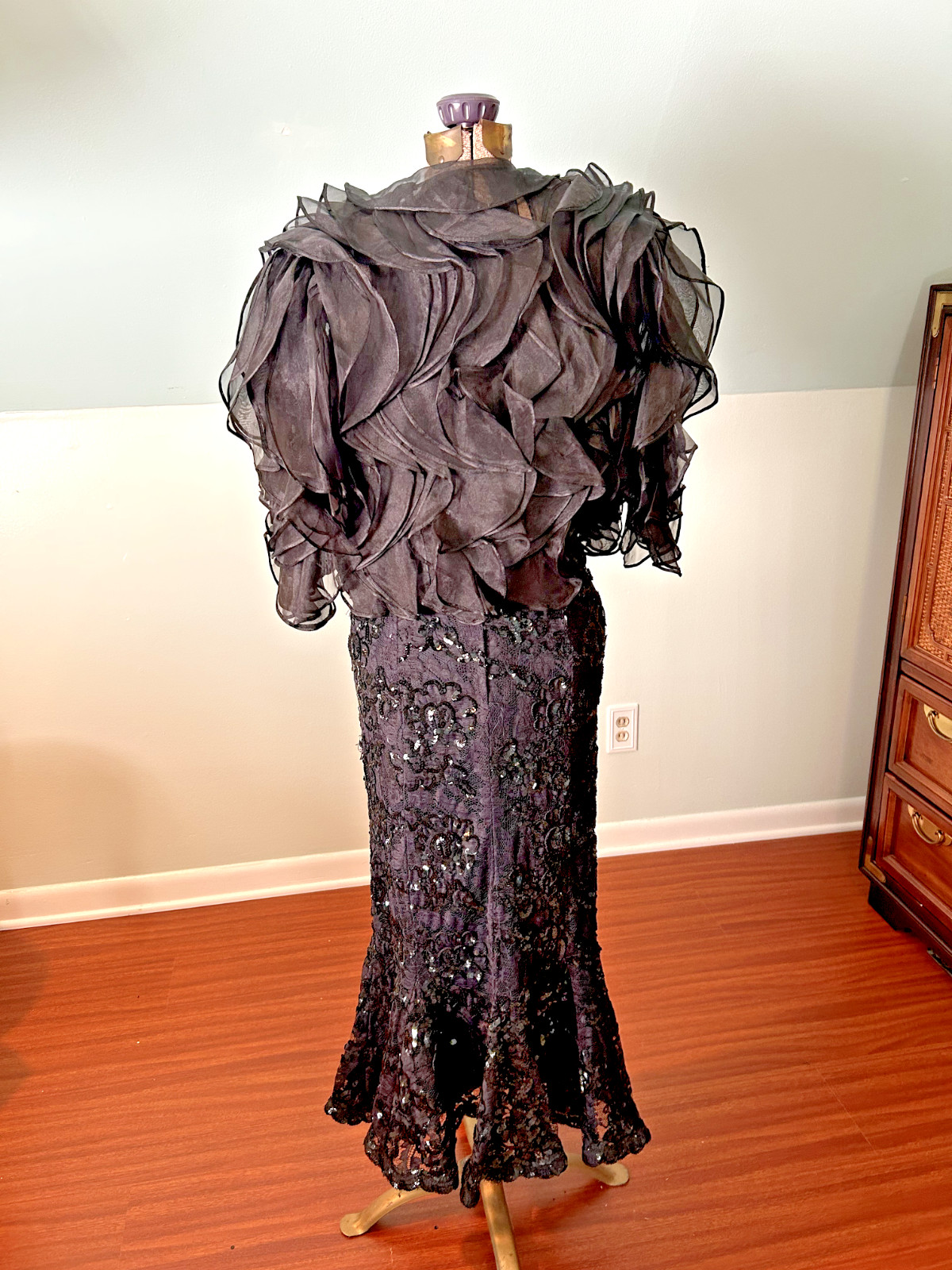 1960s 1970s Incredible Black Sequin Mermaid Gown With Statement Ruffle Bolero
