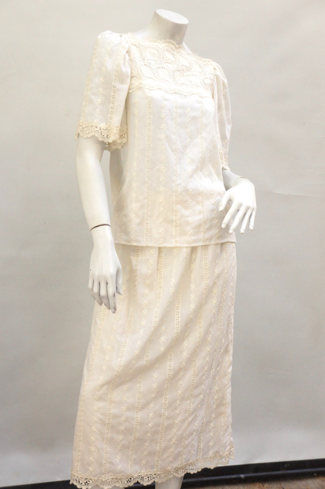 Vintage 70s Creme White Prairie Lace Blouse And Skirt Set Boho Cottagecore