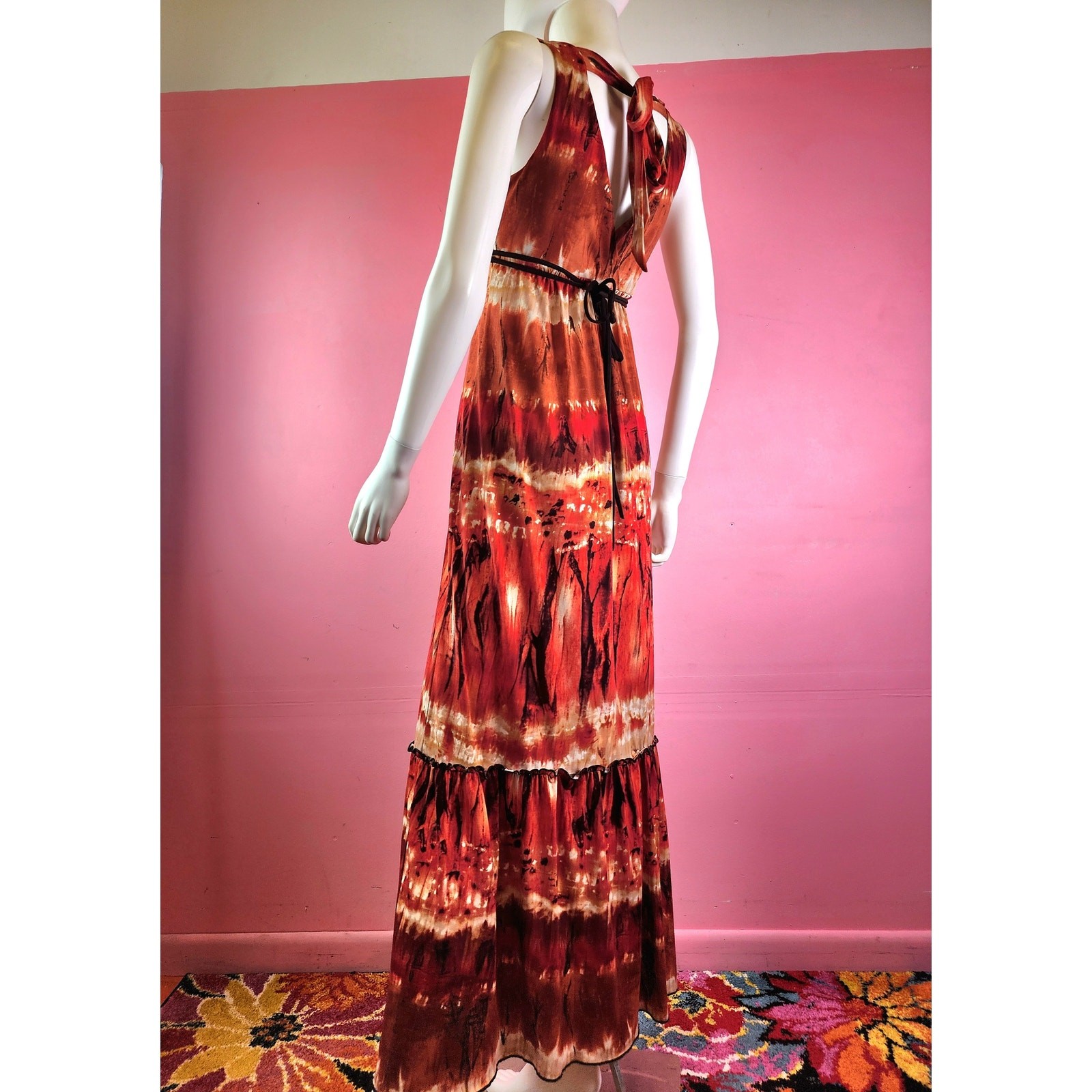 Vintage Y2K Fire Tie Dye Red Rust Brown Tortoise Shell Bead Maxi Dress by BCX