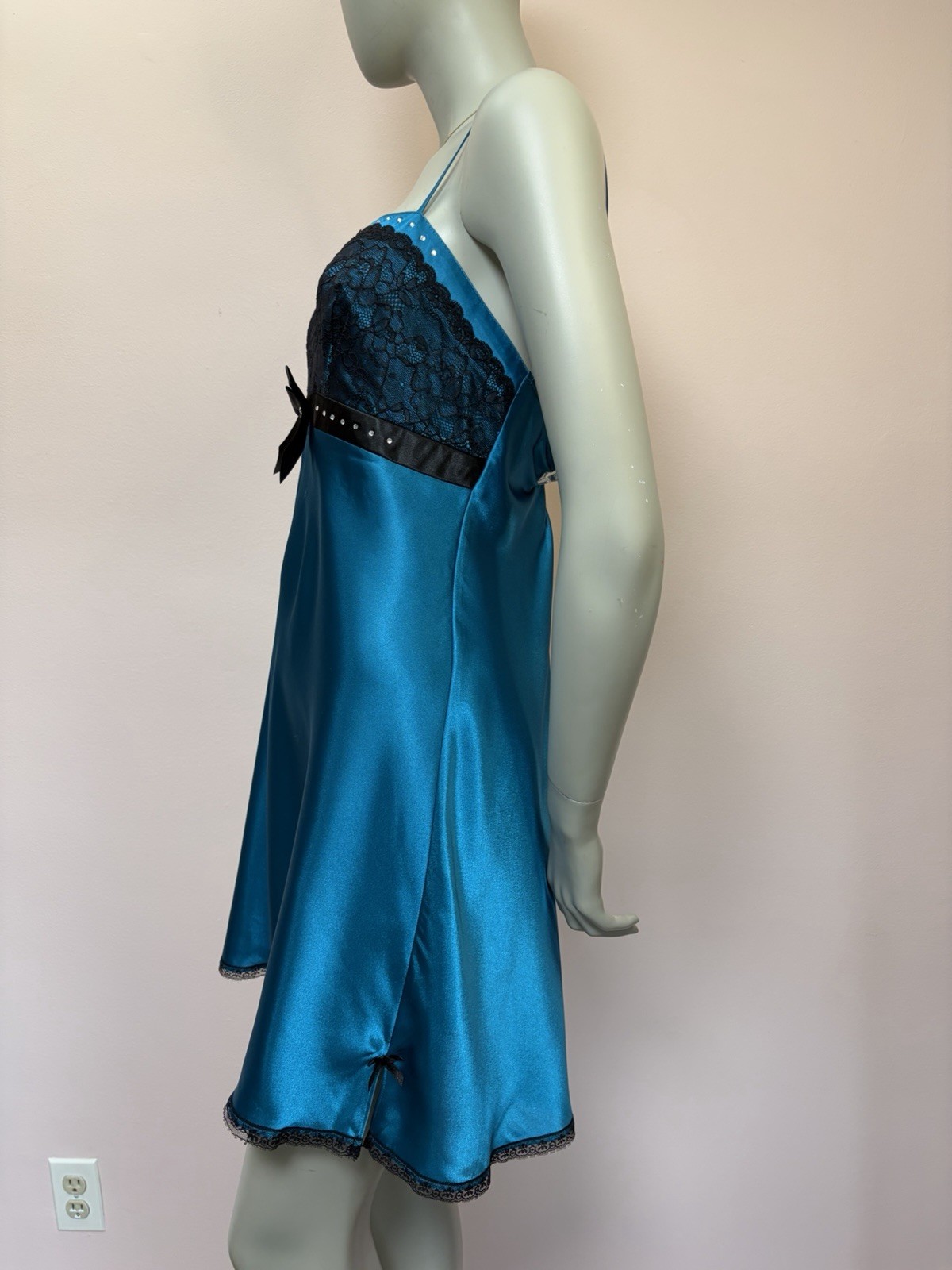 Vintage Y2K Morgan Taylor Teal Rhinestone Bows Satin Lace Slip Dress Chemise L