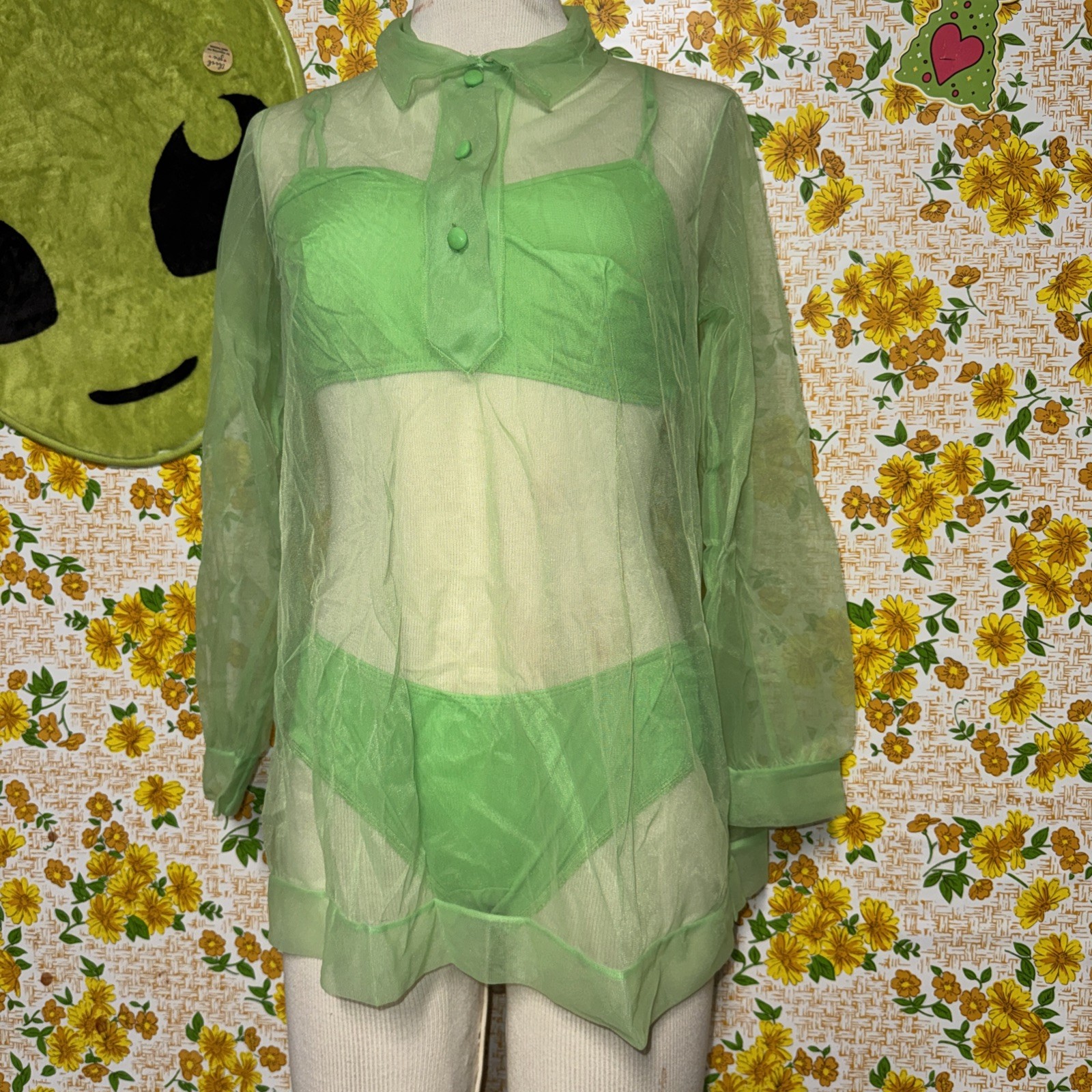 Vintage Retro Groovy Highlighter Green 3piece Lingerie Sleep Set Sexy Set