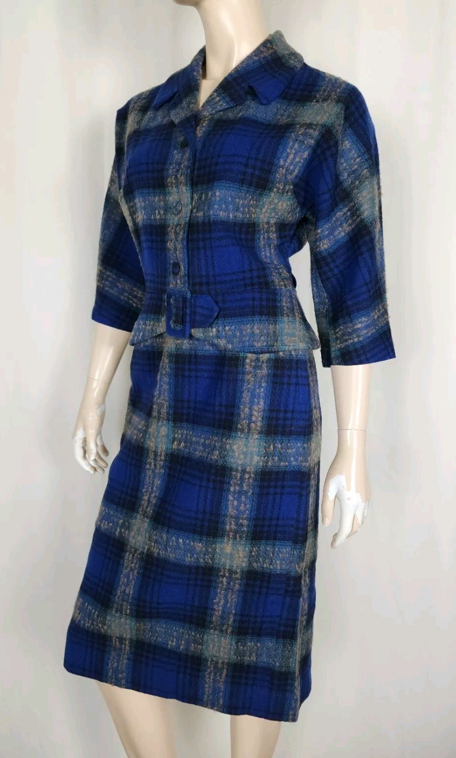 Vintage 40s 50s Earle Picard blue wool tartan plaid jacket skirt suit set S