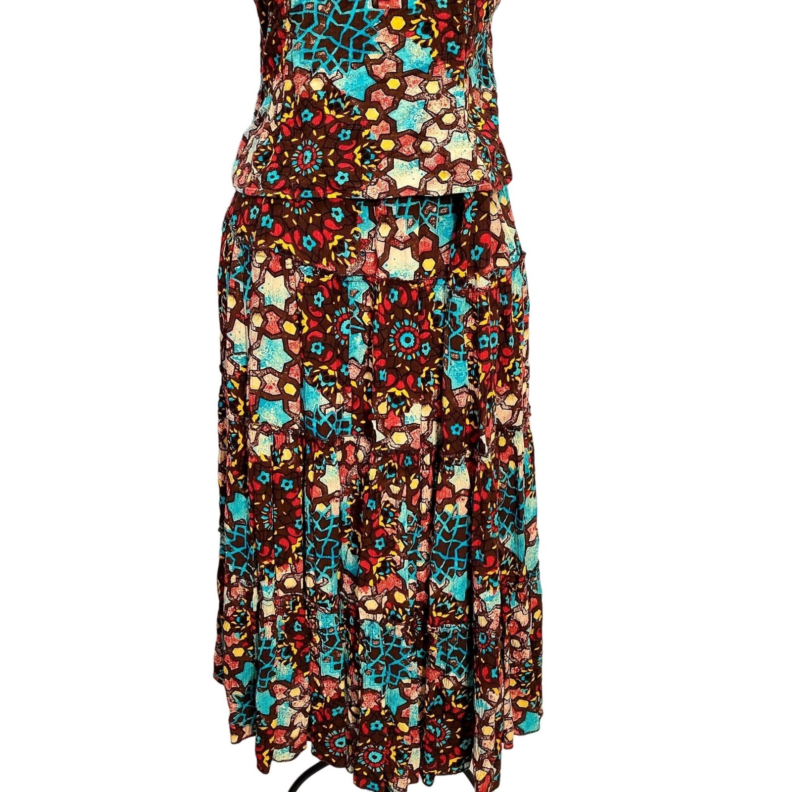 Vintage 90s Colorful Boho Set Women Medium Button Top Shirt Midi Skirt 8 10 Star