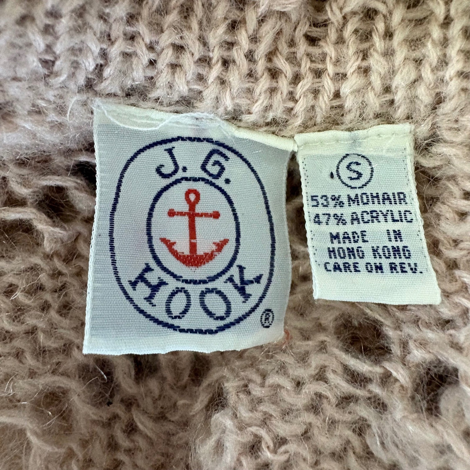 JG Hook Vintage Mohair Blend Pointelle Chevron Knit Cardigan Sweater Tan Pink S