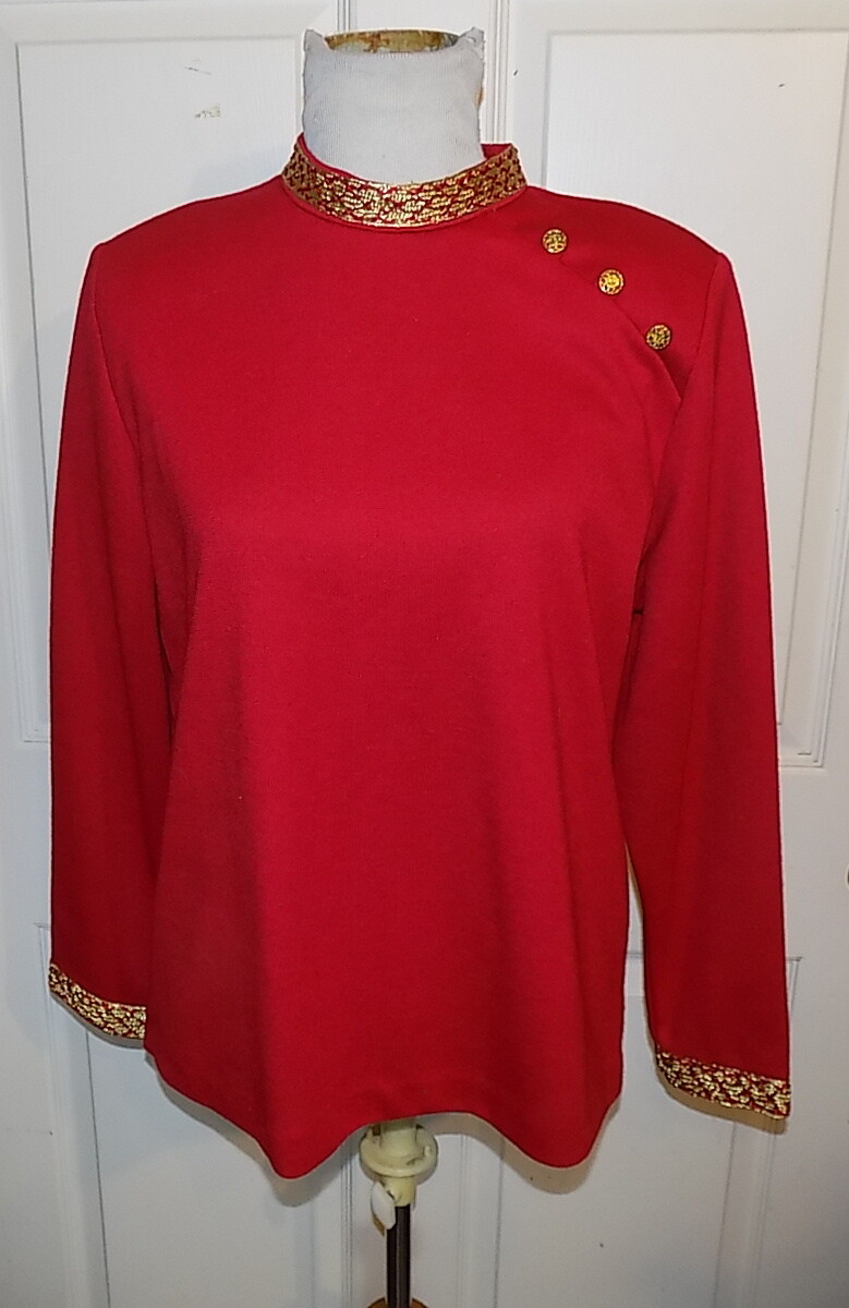 Vintage 80s 90s Red Knit Pullover Top Gold Metallic Trim Brownstone Studio 14