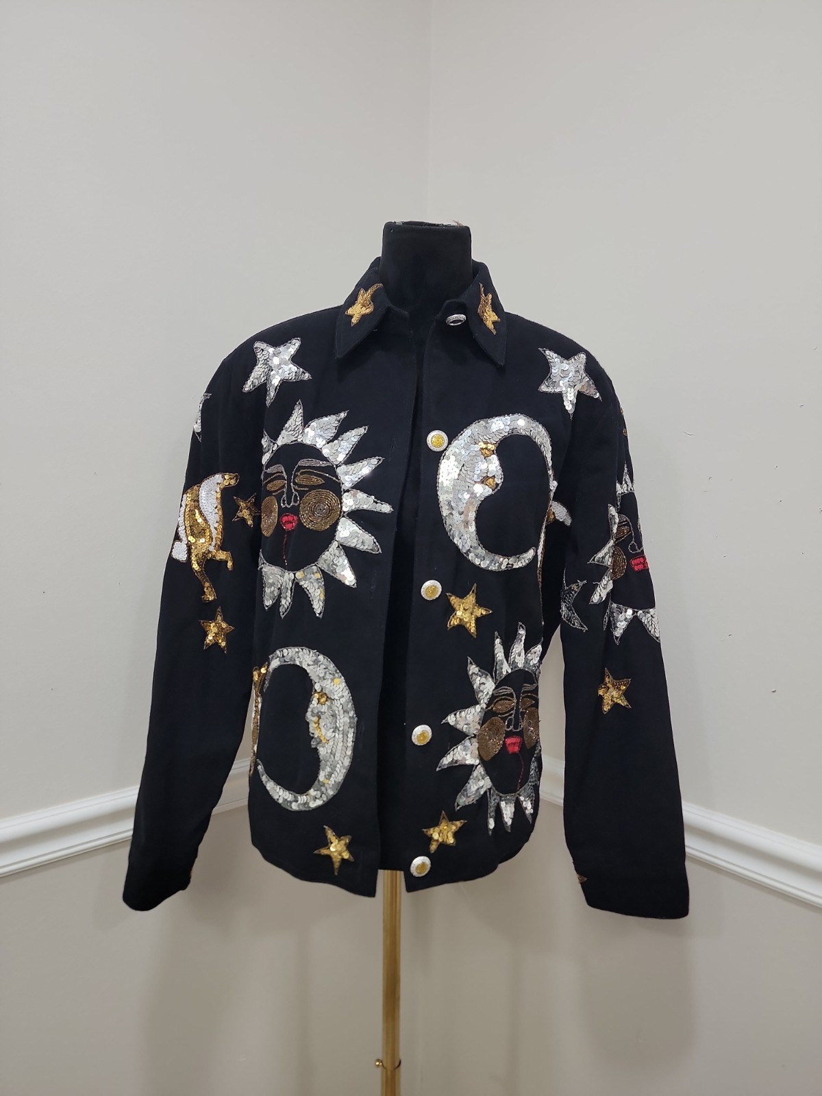 Vintage Modi Denim Celestial Sequin Jacket Sun, Planets Moons & Stars Size XL