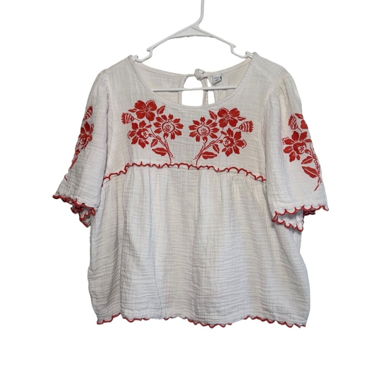 Old Navy Embroidered Crinkle Gauze Boho Peasant Top Orange Floral Scallop XL