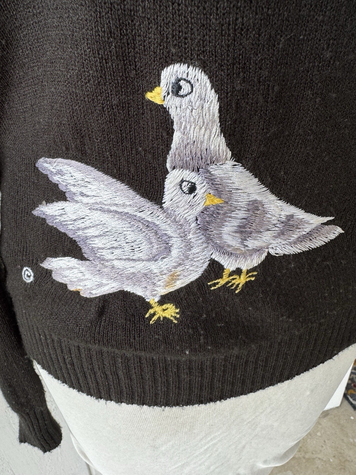 Vtg 70s Cyn Les Black Turtle Dove Embroidered Sweater Sz M Peace Messenger Boho