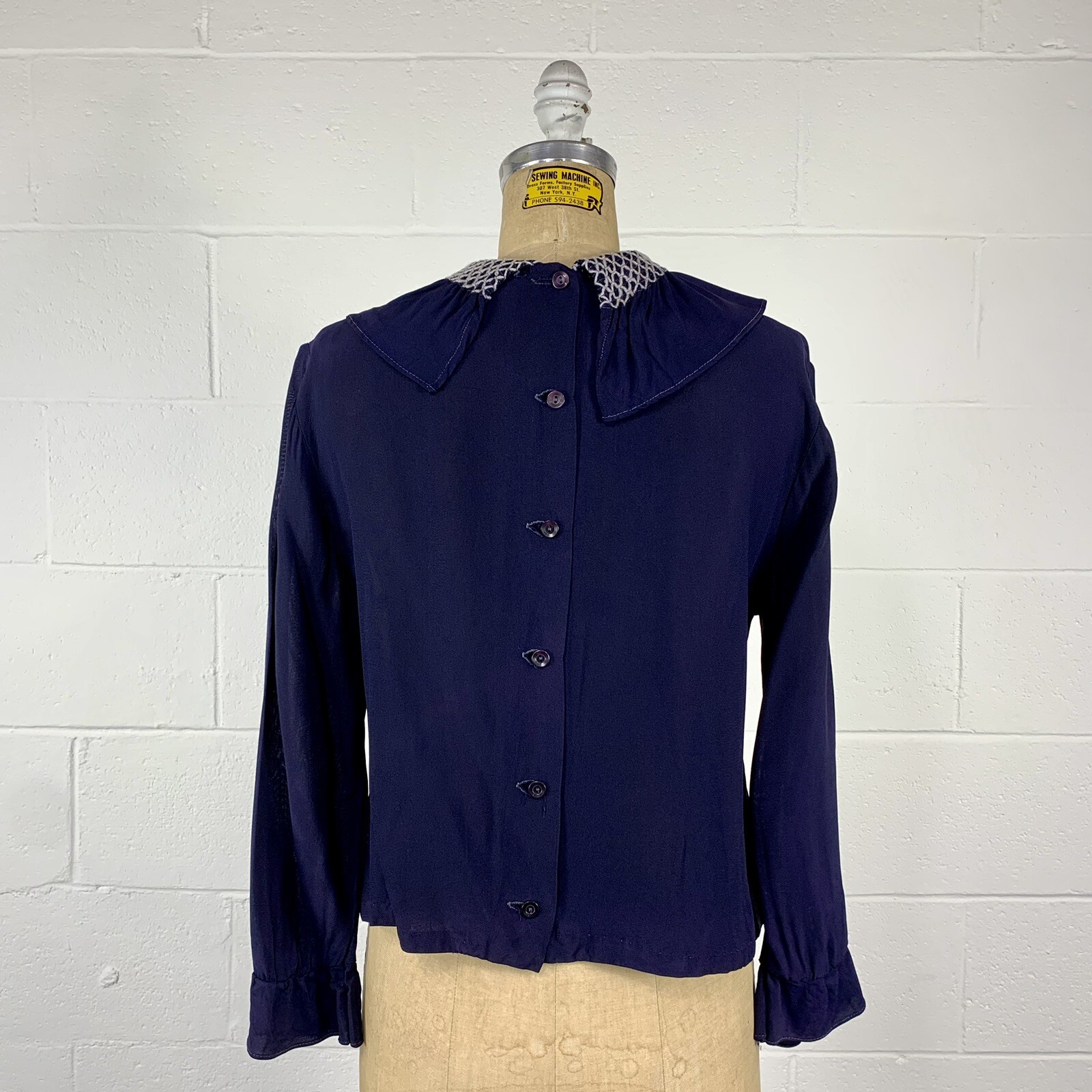 Vintage 40s Blue Crepe Back Button Blouse Smocked Collar AS IS Pattern Study S/M