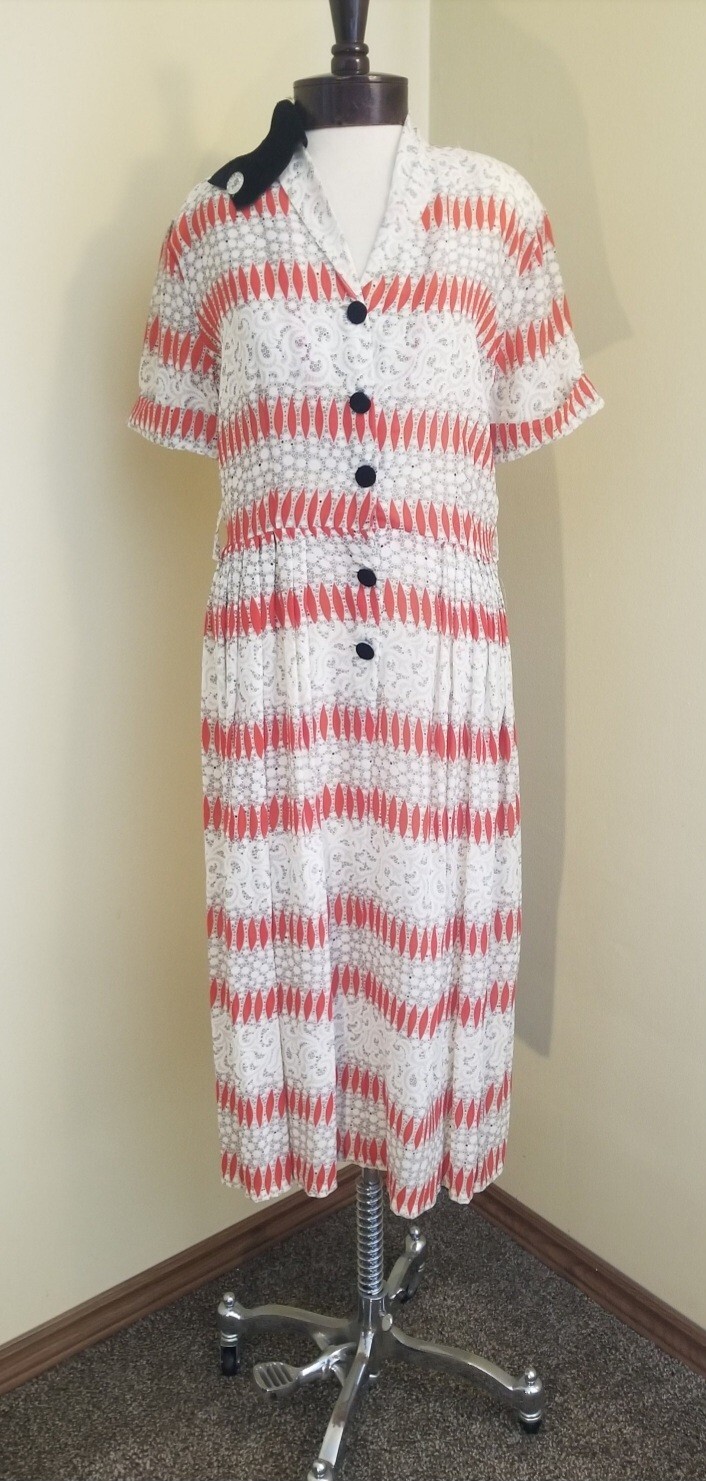 Vintage 1930s Art Deco White And Orange Silk Chiffon Dress With Black Accents L