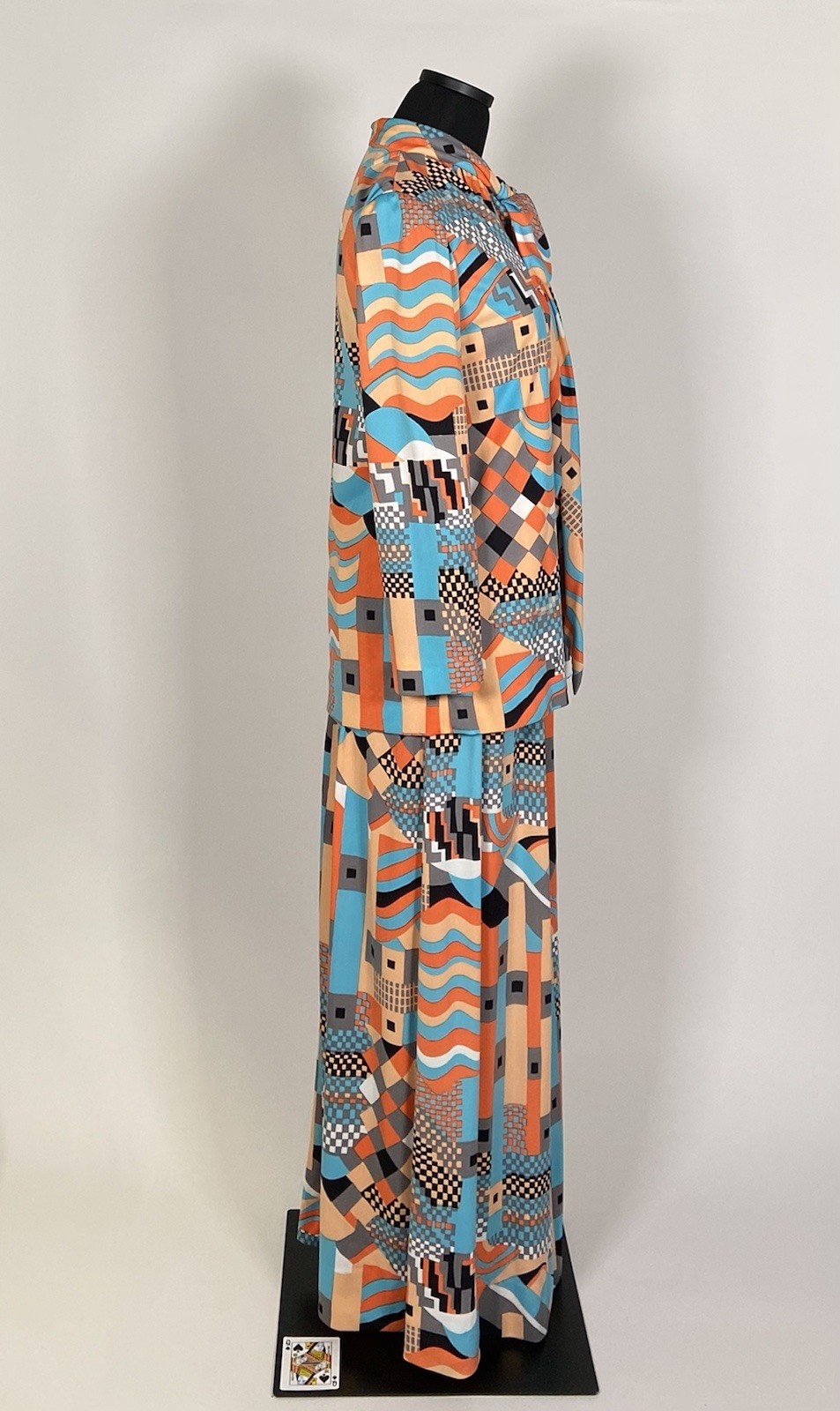 033 1970s Halter dress set, jacket, orange op-art Pat Sandler size XS VG!