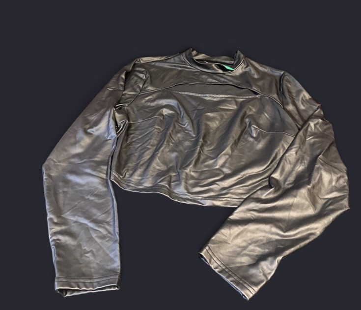 Mandee Black Metallic Lurex Crop Top Vintage Stretch Ruched Sleeve Leather