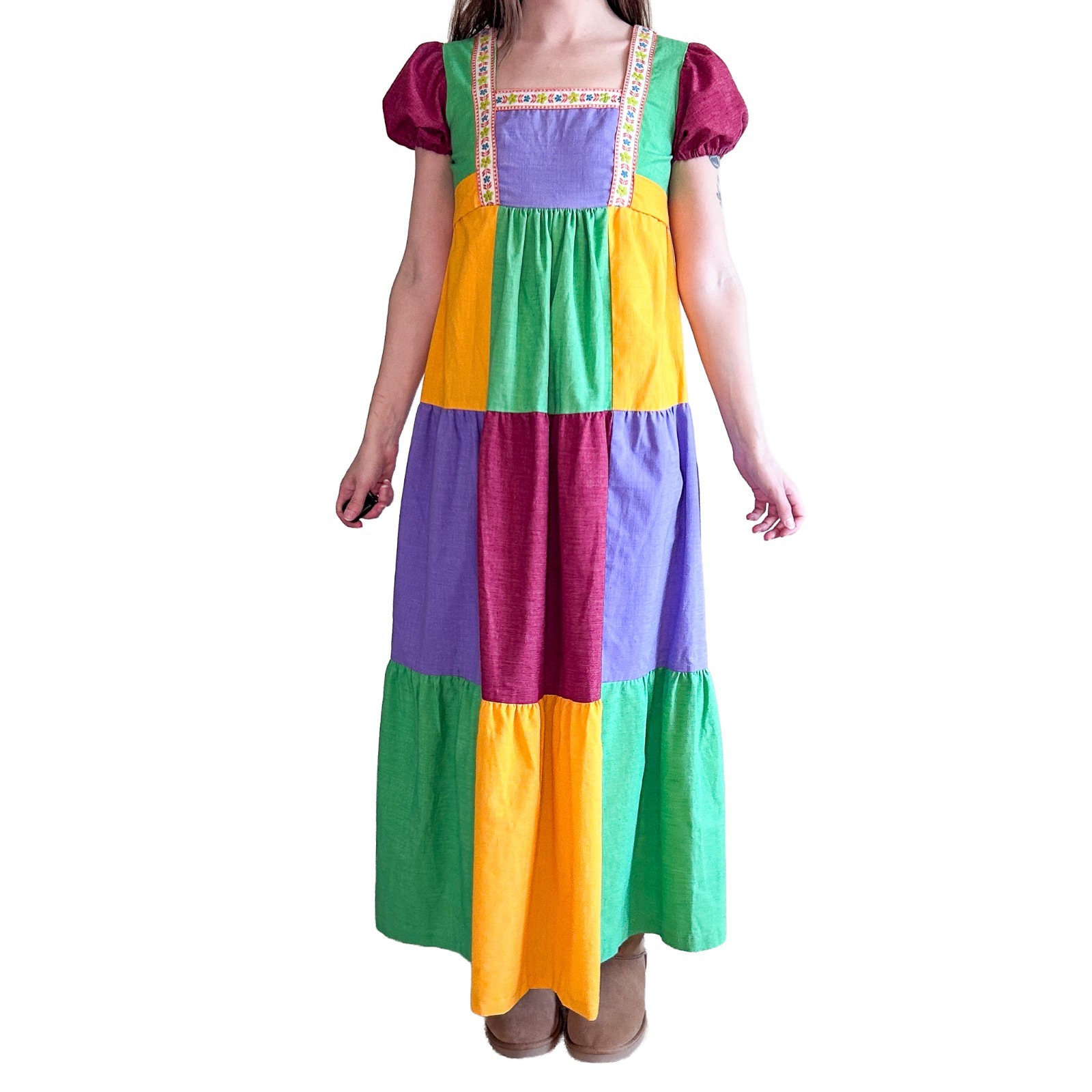 Vintage 70s Handmade Patchwork Prairie Maxi Dress Psychedelic Renaissance XS