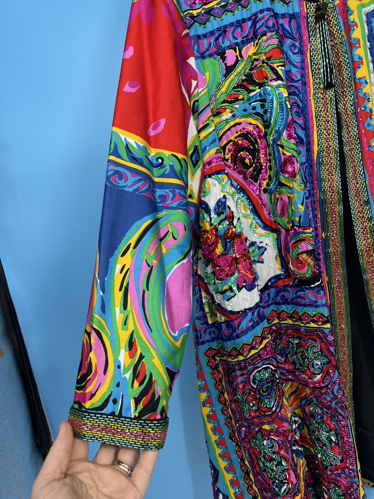 VINTAGE DIANE FREIS BEADED COTTON ABSTRACT PRINT JACKET W BEADS AND SEQUINS