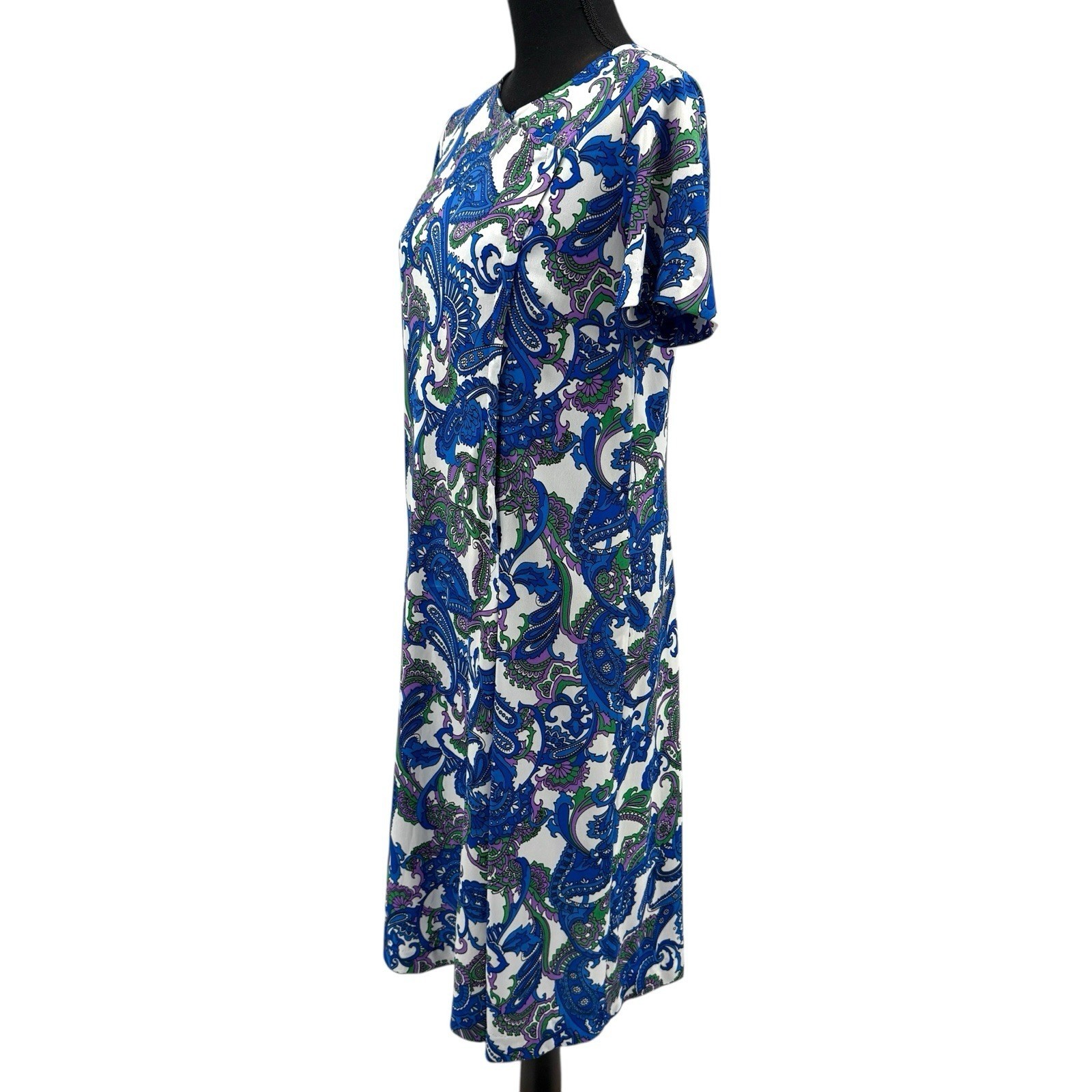 Shelton Stroller Dress Women 60s White Blue Paisley Print Flower Front Zip