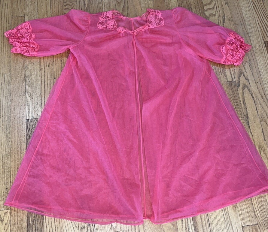 60s Vtg Pale Red Sheer Nylon MIDI Robe Chiffon & Lace Boudoir Lingerie Sexy