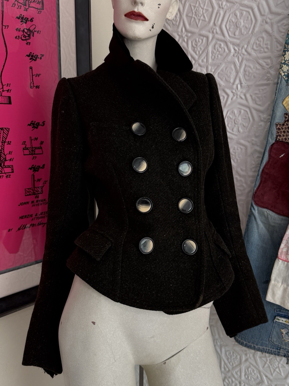 vintage antique wool coat black velvet peplum antique short double breasted s/m