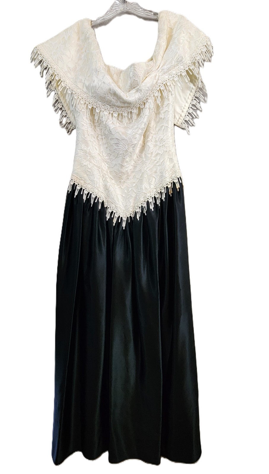 Vintage Cream Lace Fringe Bodice & Black Satin Two‑Tone Dress Evening Cocktail