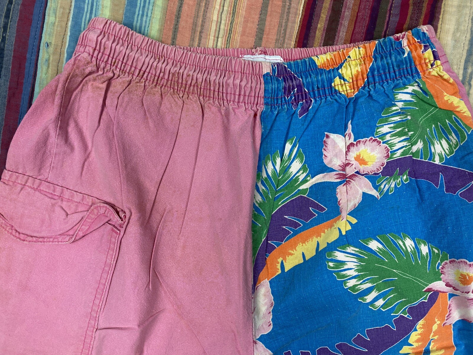 Vintage 80s DOVE Pink Beach Shorts Gym Swim Drawstring Palm Tree ColorBlock Sz M