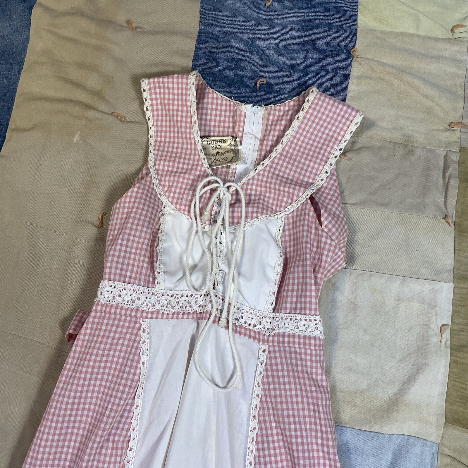 Vintage Gunne Sax Gingham Plaid Pink Dress Maxi Lace Small Cottage Coquette