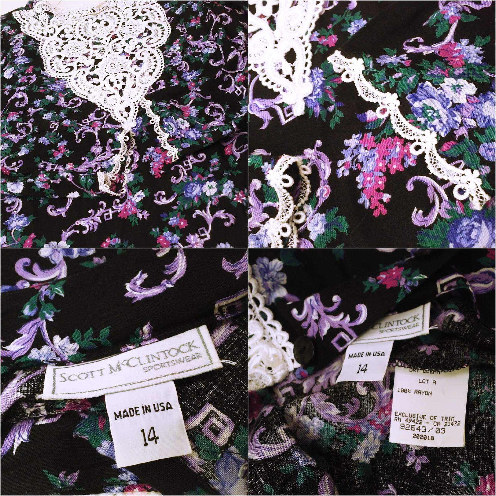 Vintage ’87 Scott McClintock 2-pc Set Victorian Lace Blouse Skirt Dark Floral