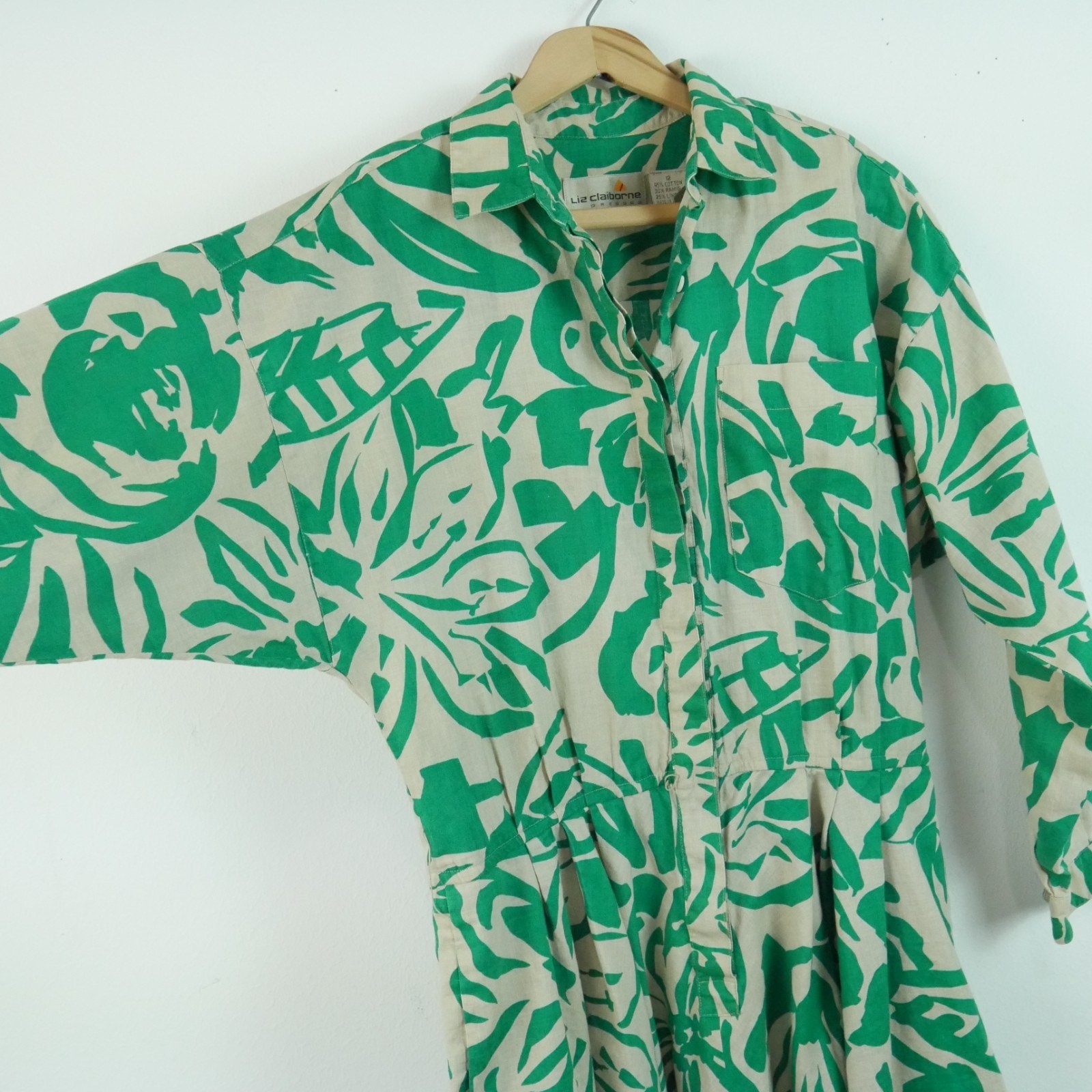 Vintage 80s Linen Blend Shirt Dress Modest Fit Flare 12 Resort Tropical Retro