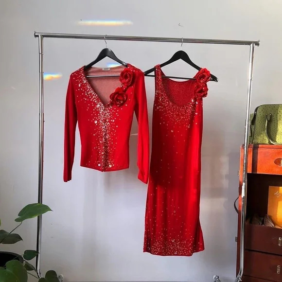 Vintage 90s Moschino Cheap & Chic Glamoratti Rococo Red Sequin Twin Set