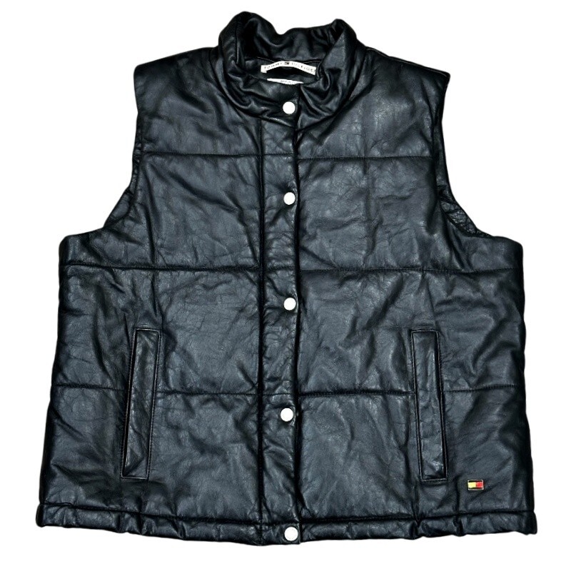 VTG Y2K Tommy Hilfiger Black Leather Puffer Vest XL Zip Snap Streetwear Normcore