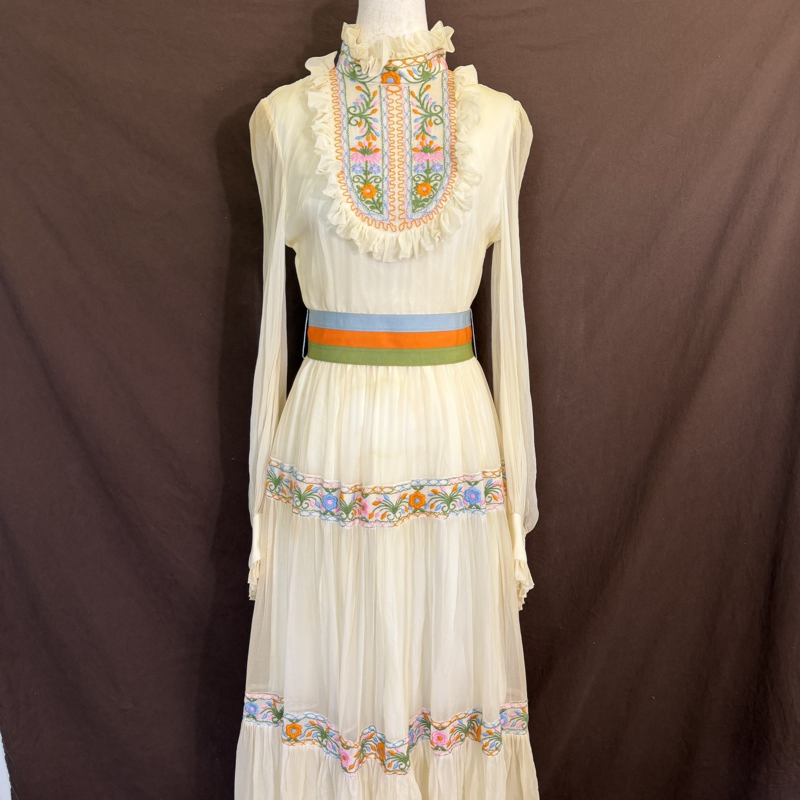 Vintage Prairie Maxi Dress S Embroidered Floral Sheer Sleeves Boho Cottagecore