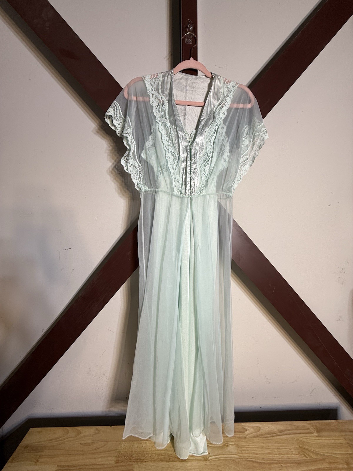 2pc 60s Vintage Nightgown PEIGNOIR Robe Set BABYDOLL Sheer CHIFFON Gown S/M Blue