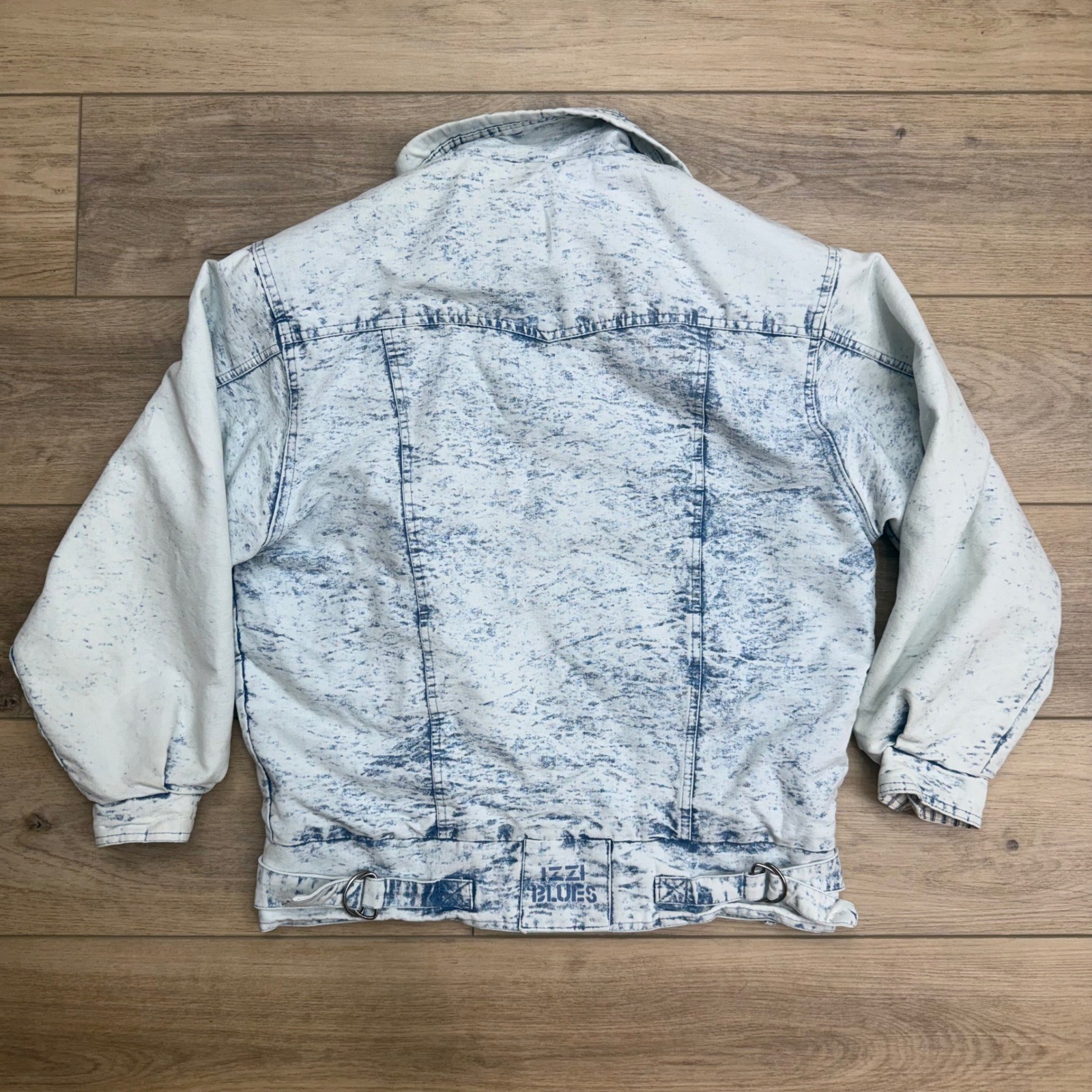 Vintage Izzi Blues Acid Wash Denim Bomber Jacket Distressed Blue Jean Grunge 80s