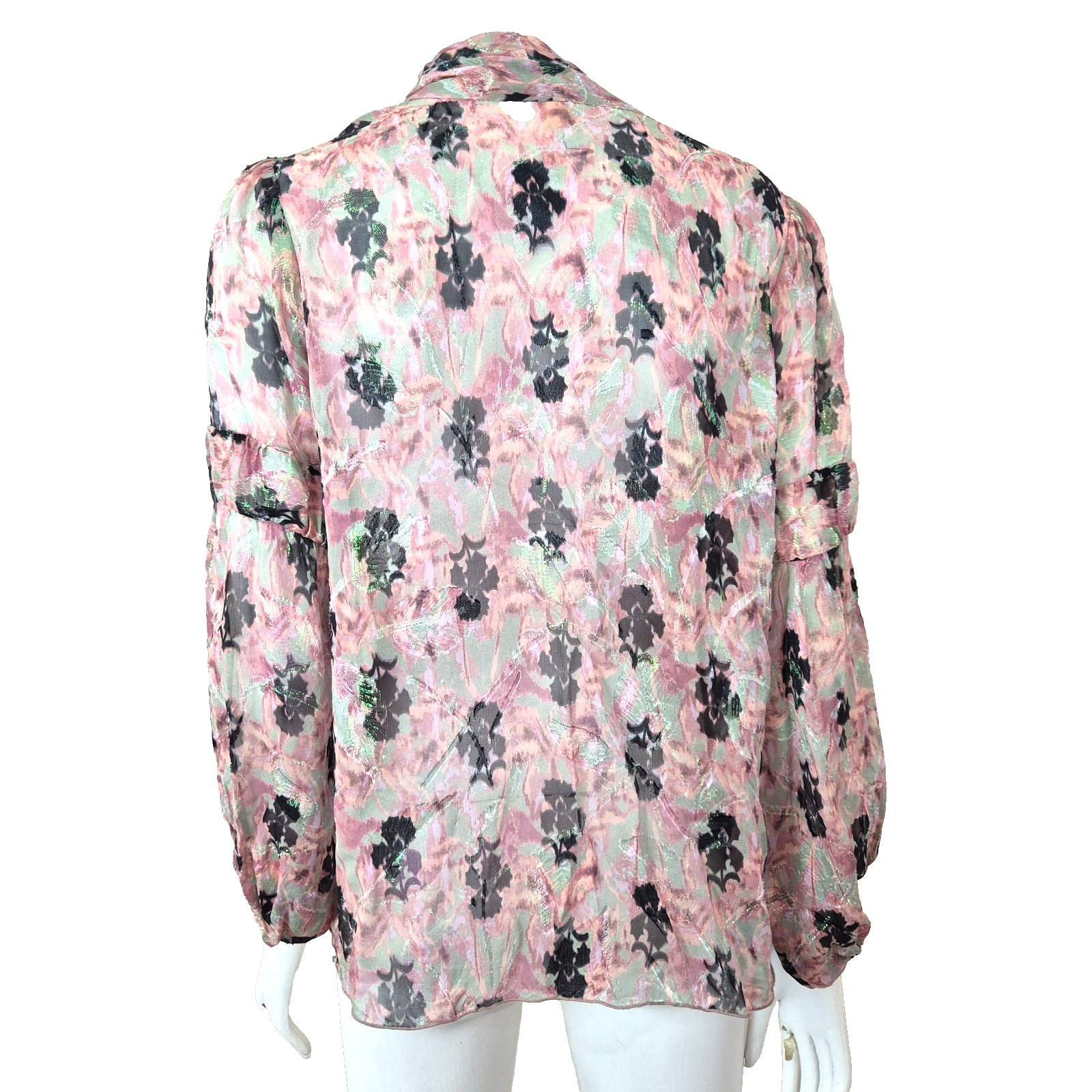 Vtg Anna Sui Blouse Pink Green Silk Blend Pussie Bow 3/4 Sleeves Romantic Size 8