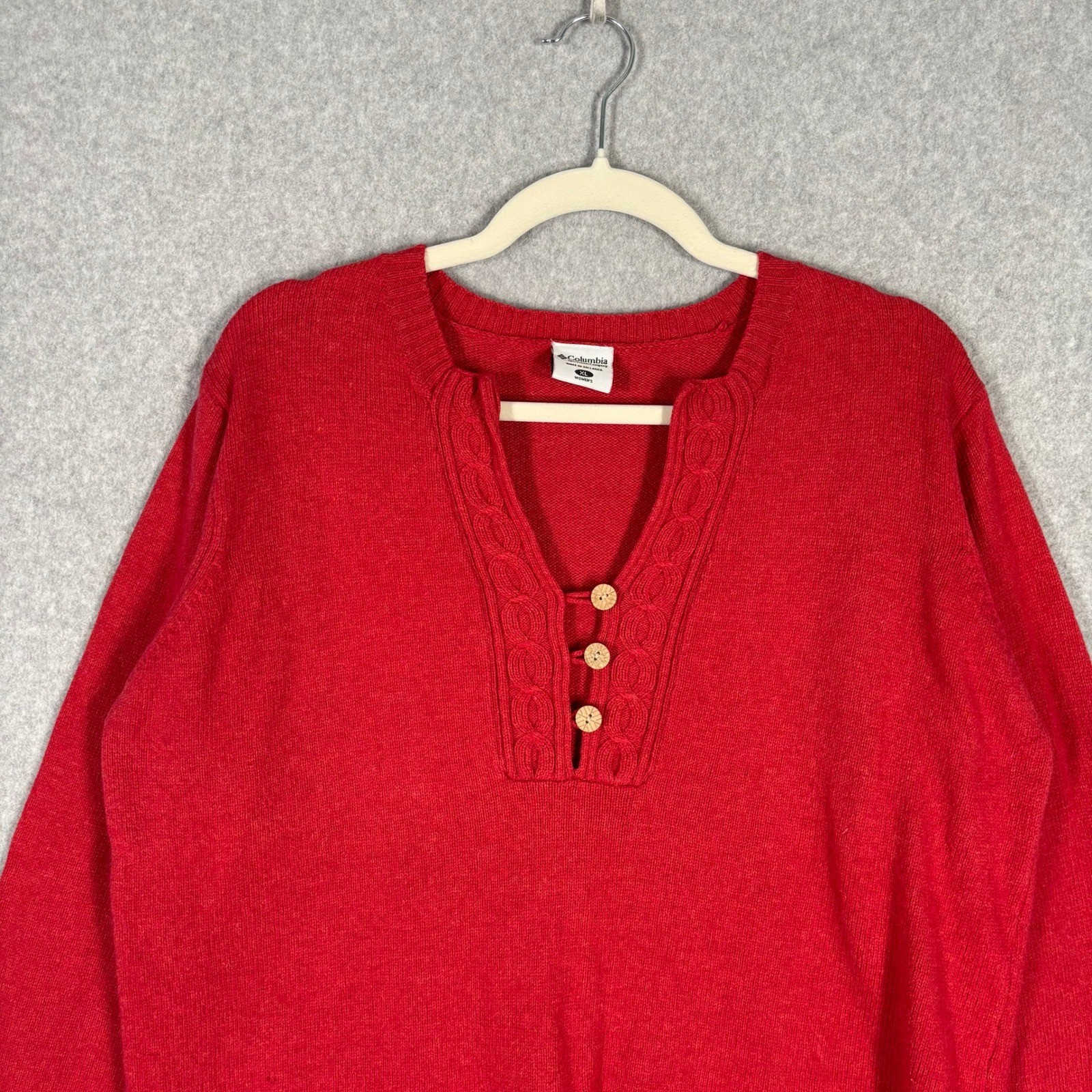 Columbia Cable Knit Sweater XL Red Wood Buttons Fisherman Heritage Country Farm