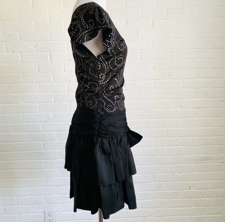 Vintage TJuniors Black Drop Waist DressSize 3-4 Ruffle Sequins 80’s Cocktail