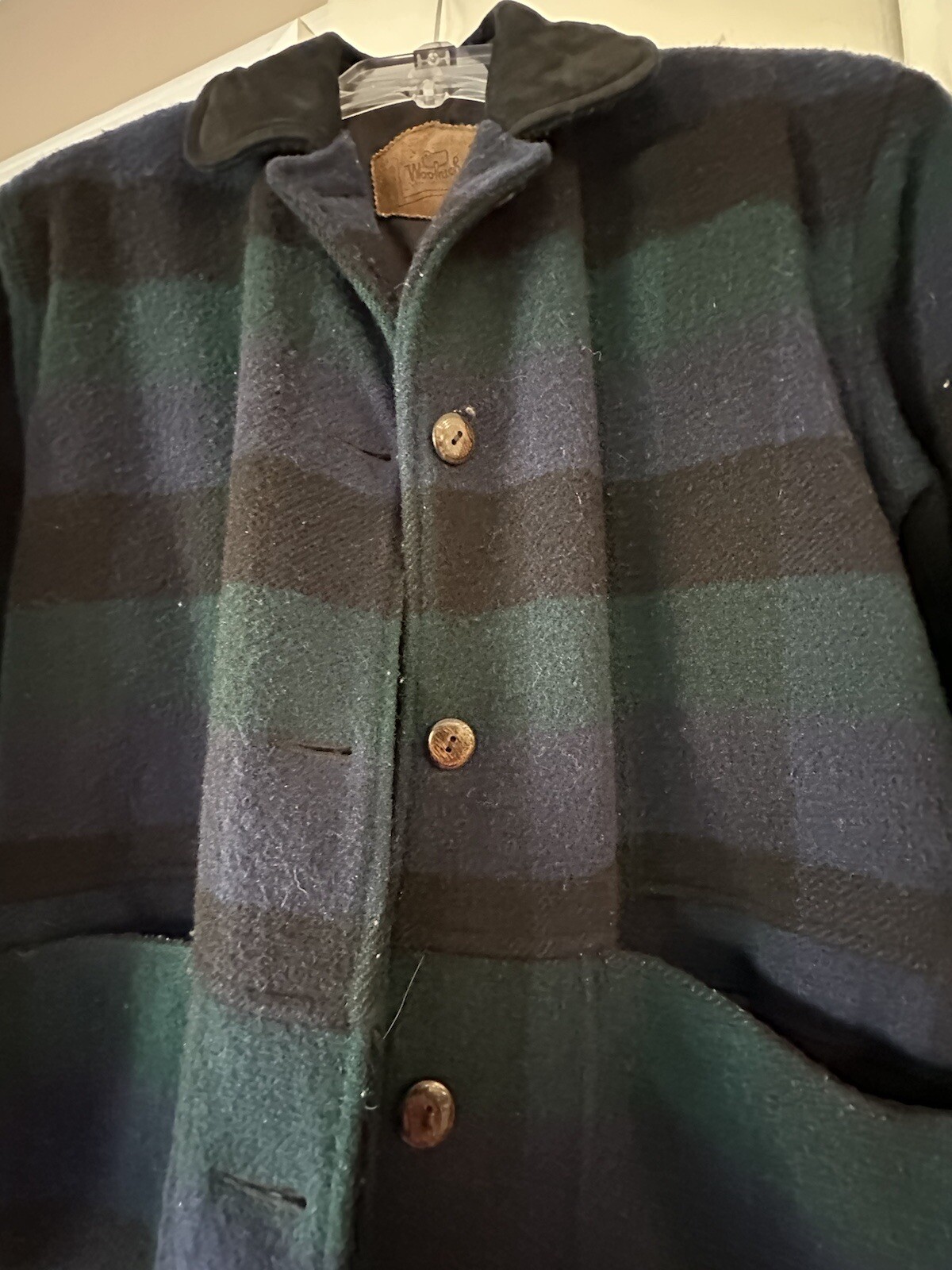 Woolrich Plaid Wool Coat, Leather Trim Size S Large Pockets, USA Vintage Women’s