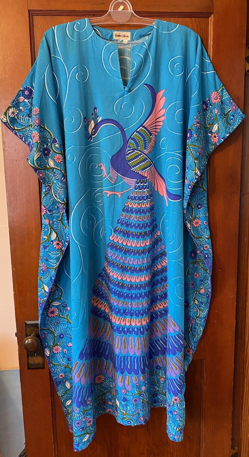 VTG Neiman Marcus Blue Peacock Floral Maxi Kaftan Mumu Dress Size M/L