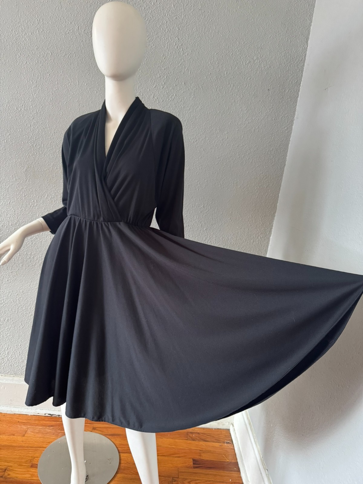 Vintage 80s Black Faux Wrap WILLI Full Skirt Shirt Dress M/L